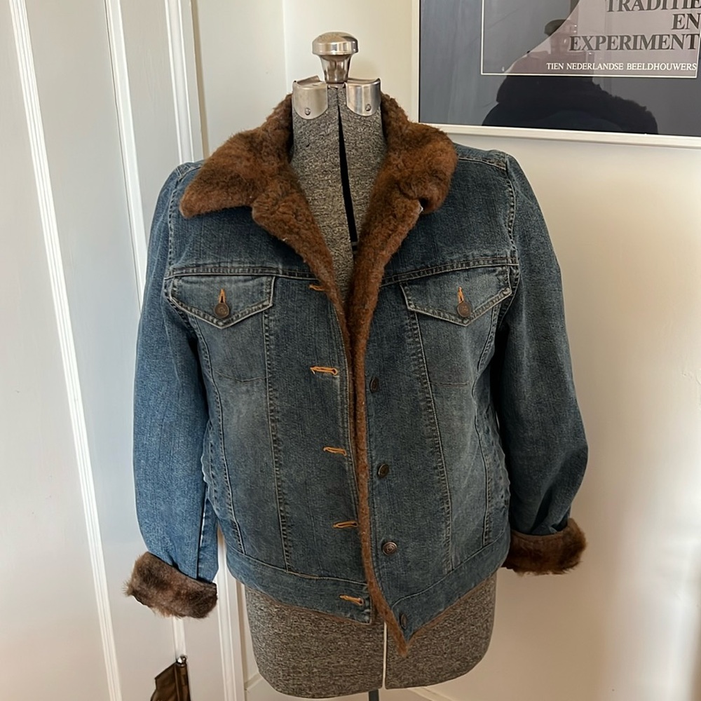 Marvin Richards Blue Jean Jacket with Brown Faux Fur Trim